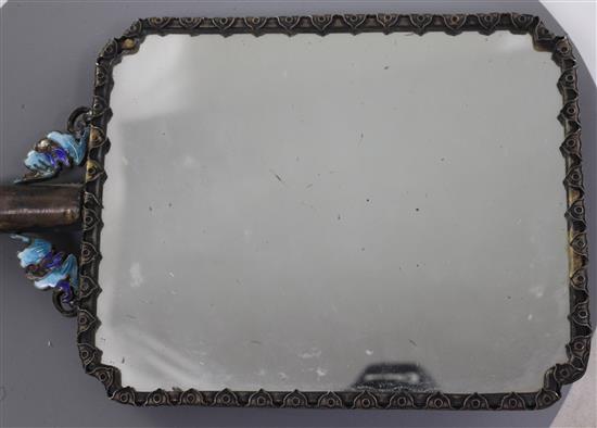A Chinese silver and gem stone mount hand mirror with 17th/18th century jade plaque, the mount early 20th century, total length 27cm